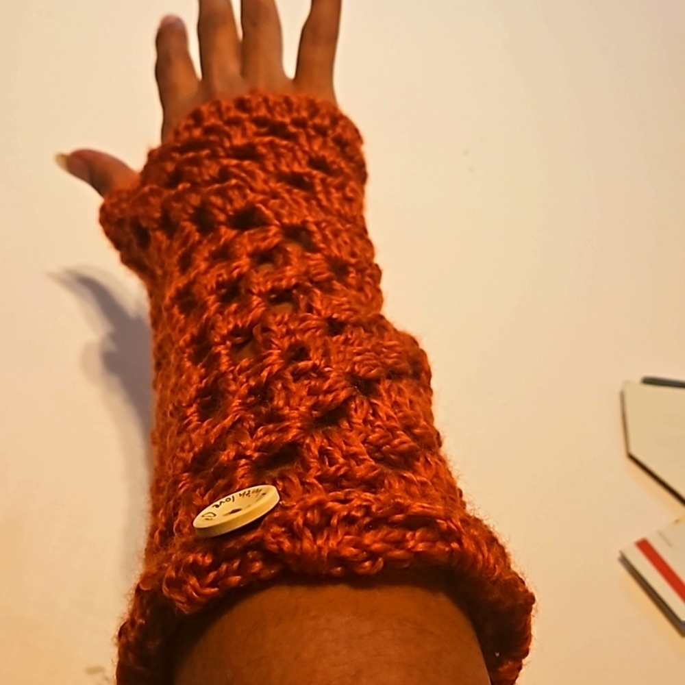Hand Crafted Hand Knit Crochet Orange Granny Square Fingerless Gloves handmade - Picture 16 of 17